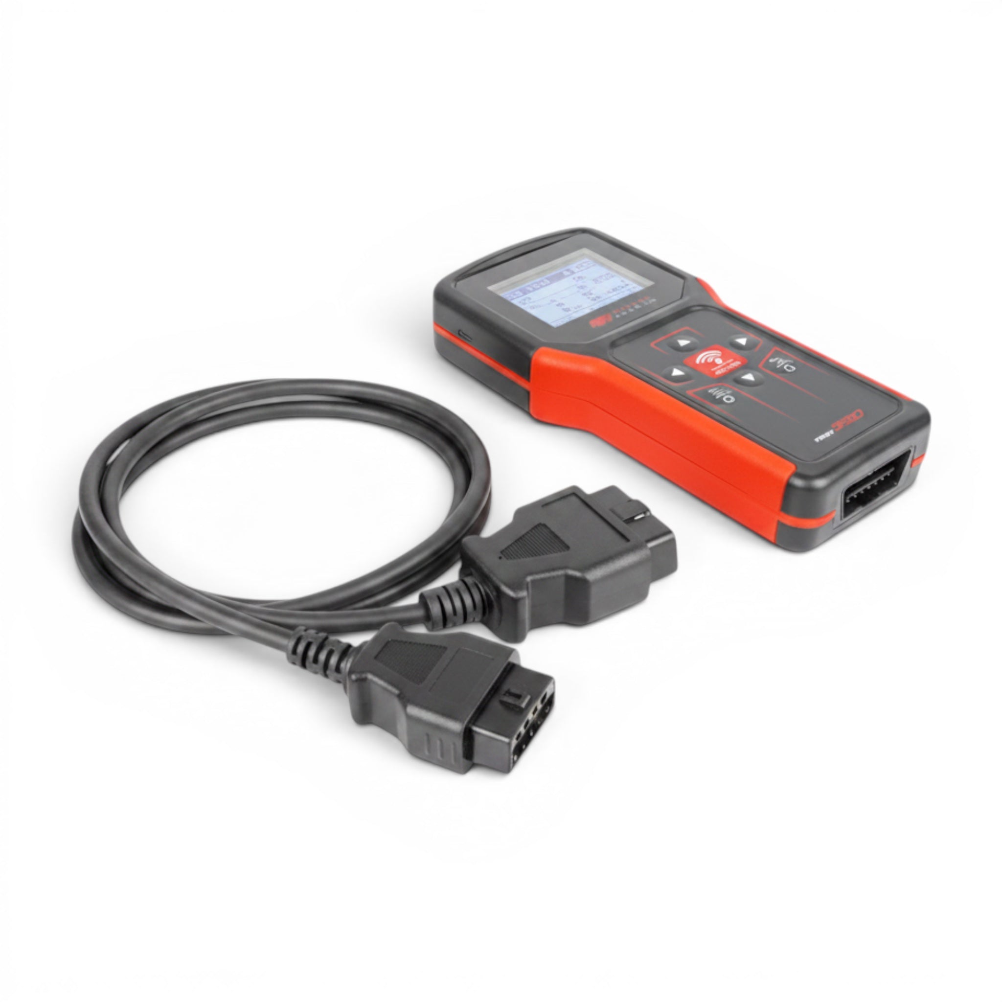 Bartec® TECH350 ve TECH350HD TPMS teşhis ve sensör programlama cihazı ve OBD2 kablosu yatay görünümü.