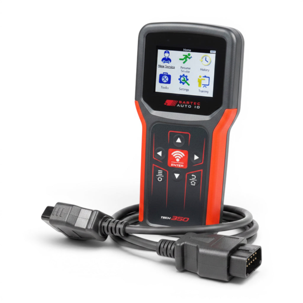 Bartec® TECH350 ve TECH350HD TPMS teşhis ve sensör programlama cihazına sarılı OBD2 kablosu dikey görünümü.