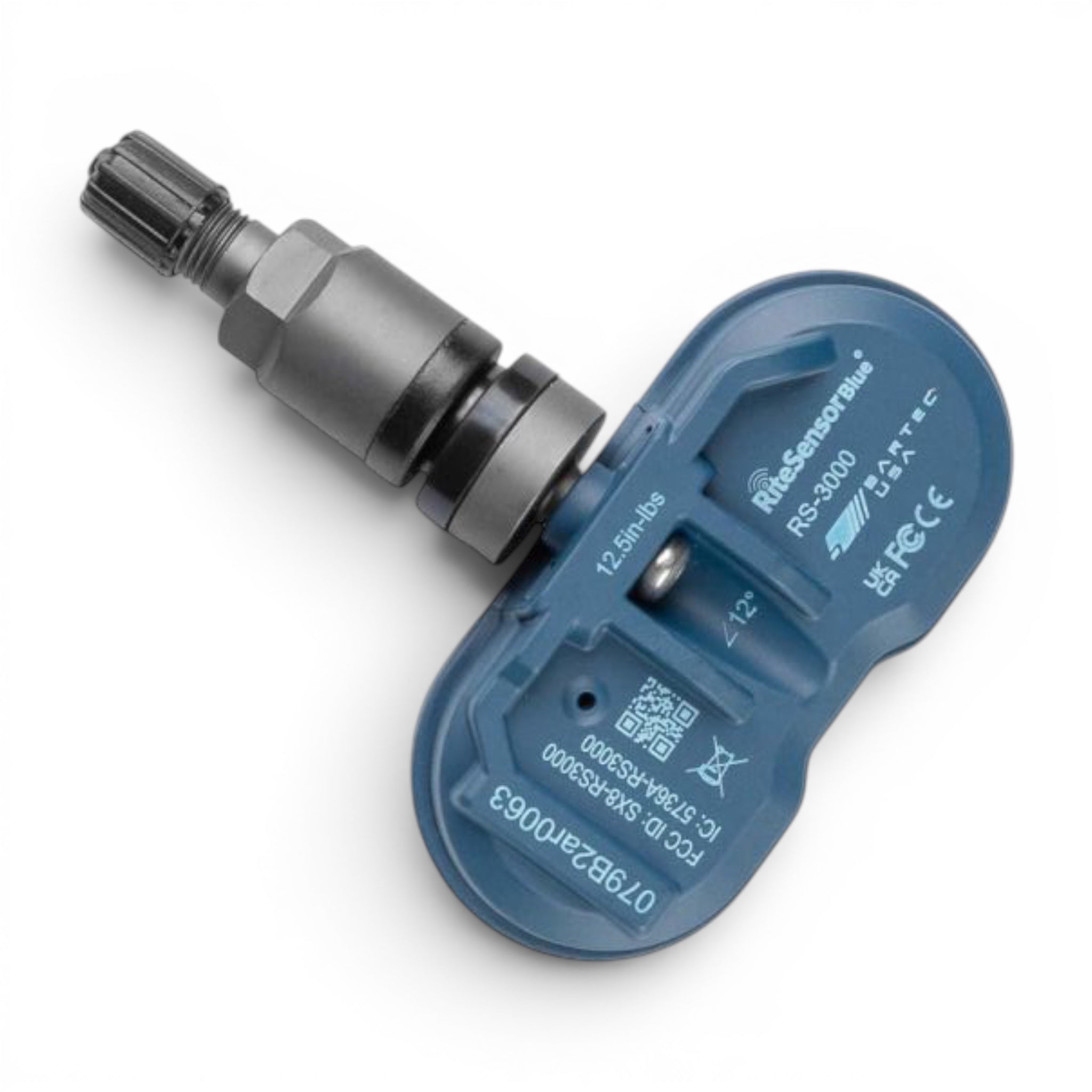 RiteSensor BLUE® TESLA uyumlu Bluetooth® TPMS lastik basınç sensörü, grafit gri. Çapraz detay görünüm.