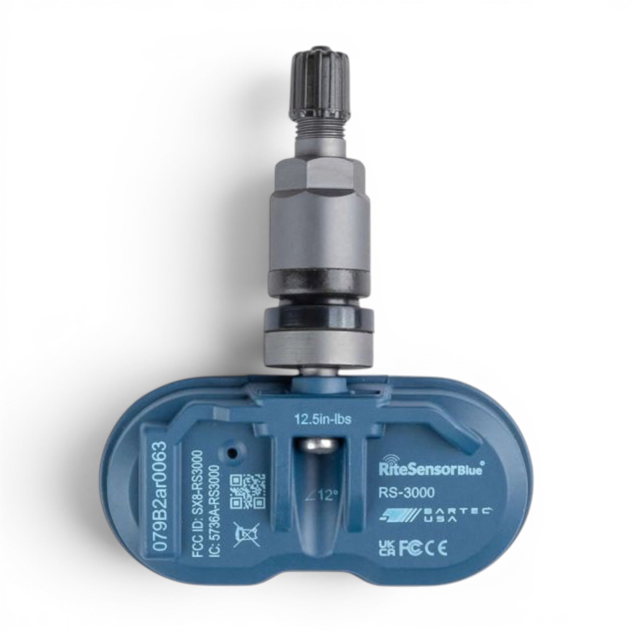 RiteSensor BLUE® TESLA uyumlu Bluetooth® TPMS lastik basınç sensörü, grafit gri. Yakın çekim.