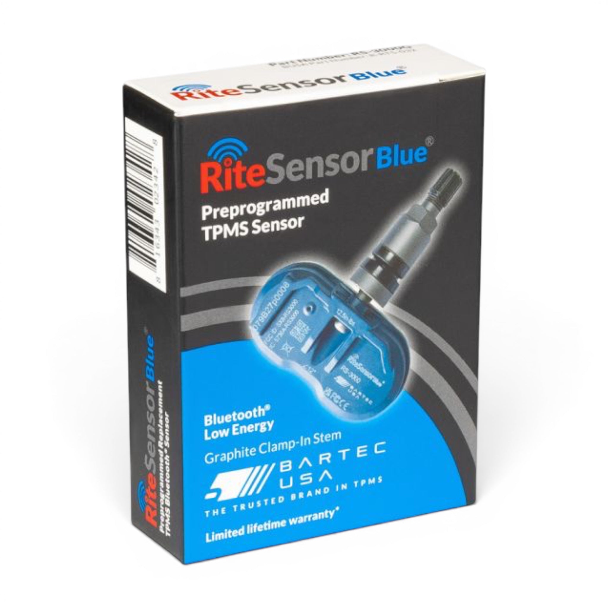 RiteSensor BLUE® TESLA uyumlu Bluetooth® TPMS lastik basınç sensörü, grafit gri çelik sibop. Kutu görünümü.