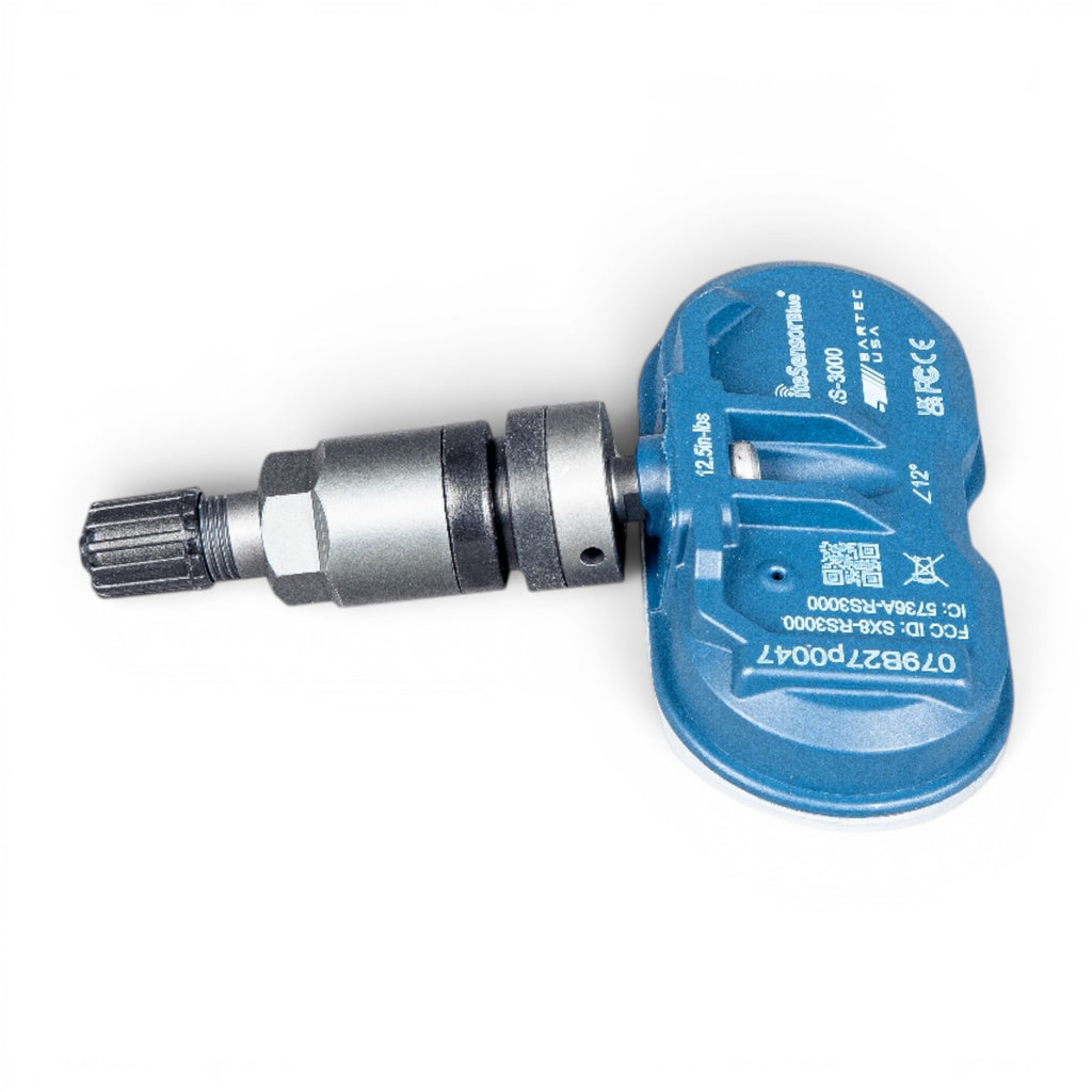 RiteSensor BLUE® Tesla uyumlu Bluetooth® TPMS sensörü, grafit gri çelik sibop. Yatay detaylı görünüm.