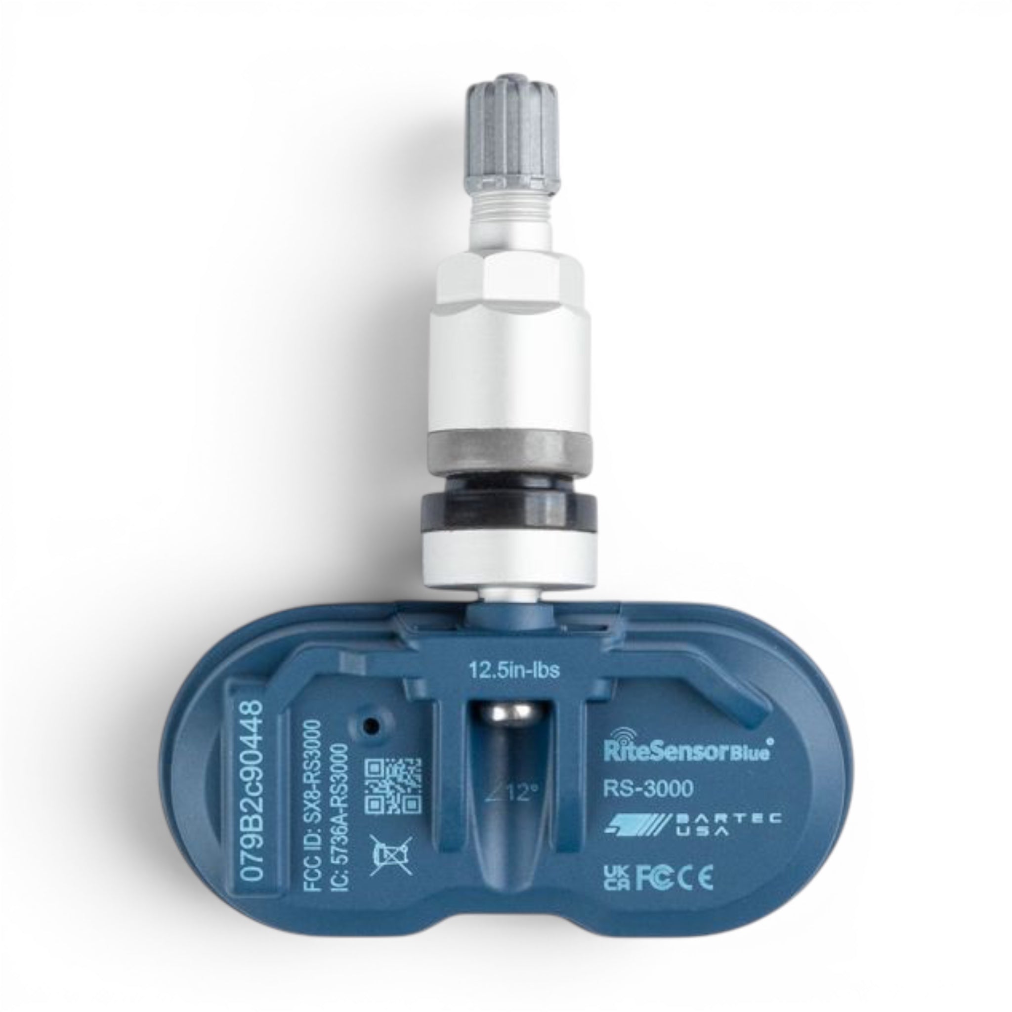 RiteSensor BLUE® TESLA uyumlu Bluetooth® TPMS lastik basınç sensörü, gümüş gri. Yakın çekim.