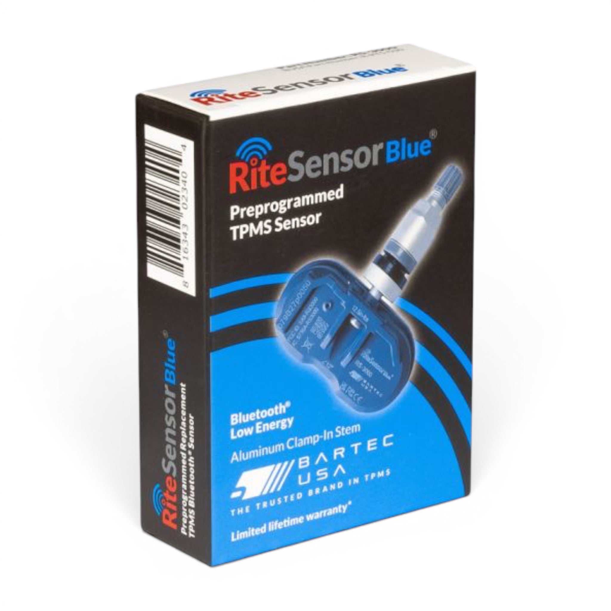 RiteSensor BLUE® TESLA uyumlu Bluetooth® TPMS lastik basınç sensörü, gümüş gri çelik sibop. Kutu görünümü.