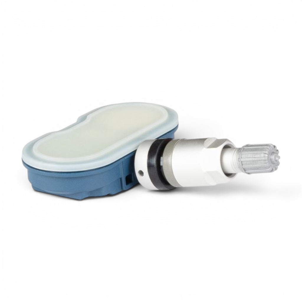 RiteSensor BLUE® TESLA uyumlu Bluetooth® TPMS lastik basınç sensörü, gümüş gri. Ters yüz görünüm.