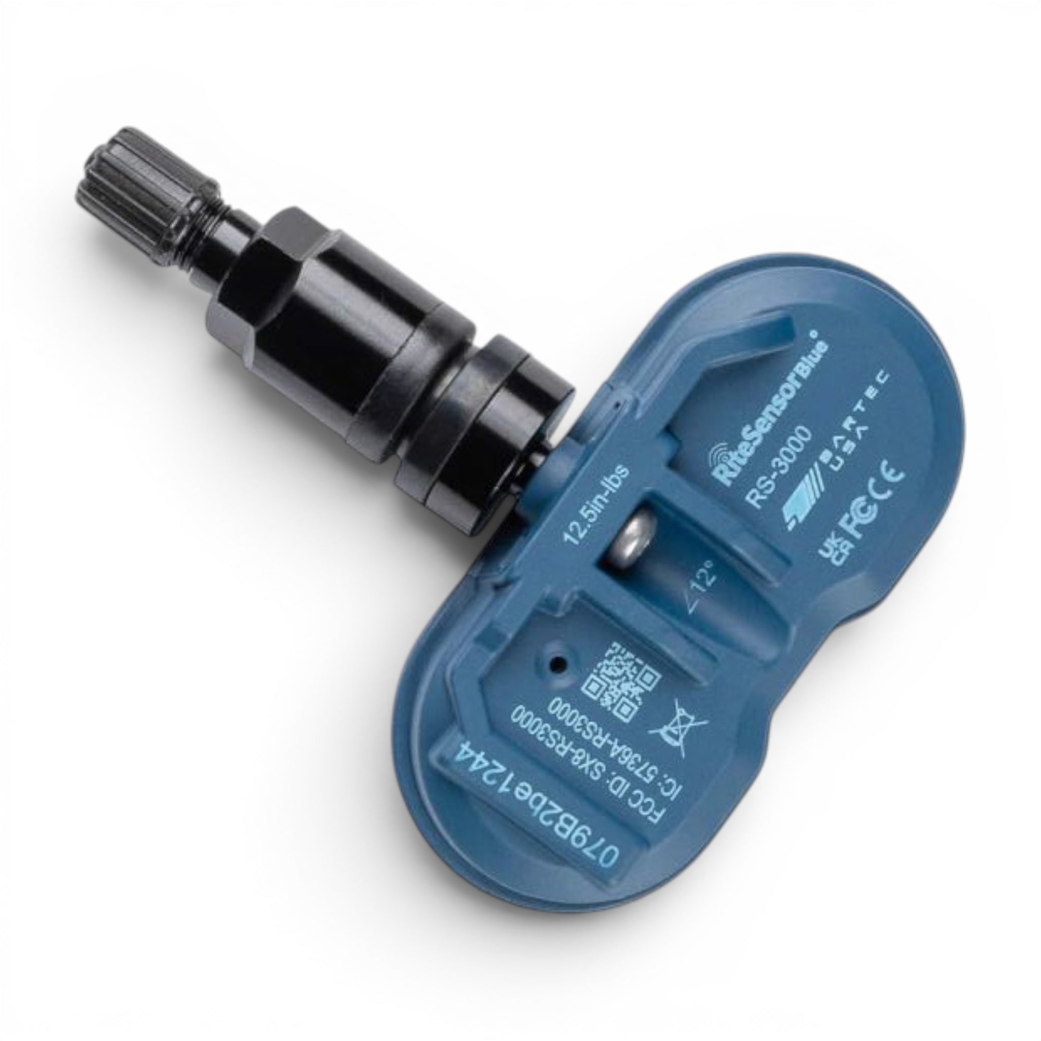 RiteSensor BLUE® TESLA uyumlu Bluetooth® TPMS lastik basınç sensörü, siyah. Çapraz görüntü.