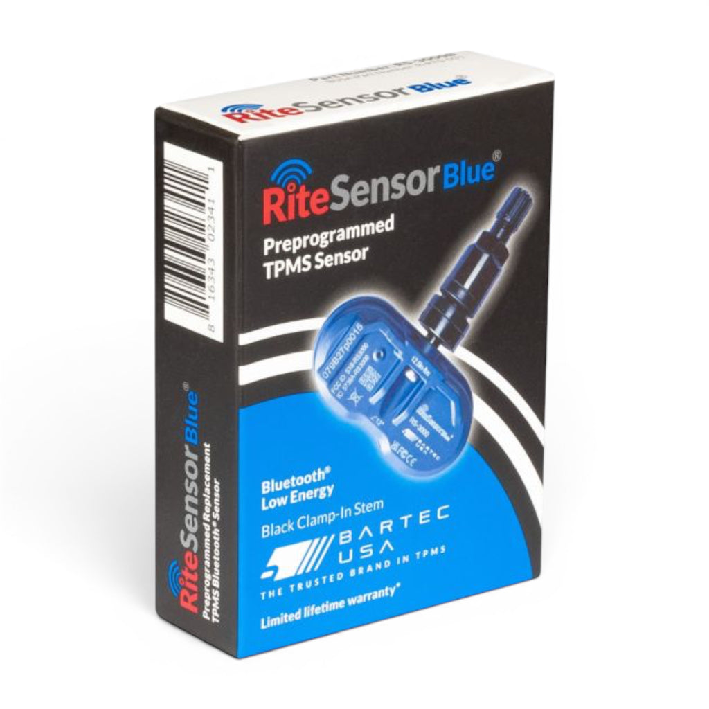 RiteSensor BLUE® TESLA uyumlu Bluetooth® TPMS lastik basınç sensörü, siyah çelik sibop. Kutu görünümü.