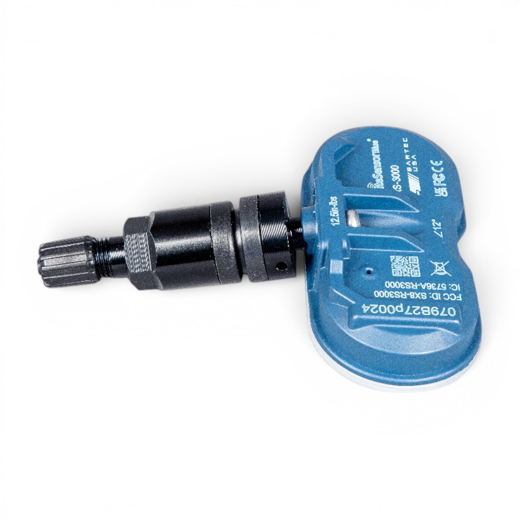 RiteSensor BLUE® Tesla uyumlu Bluetooth® TPMS sensörü, siyah çelik sibop. Yatay detaylı görünüm.