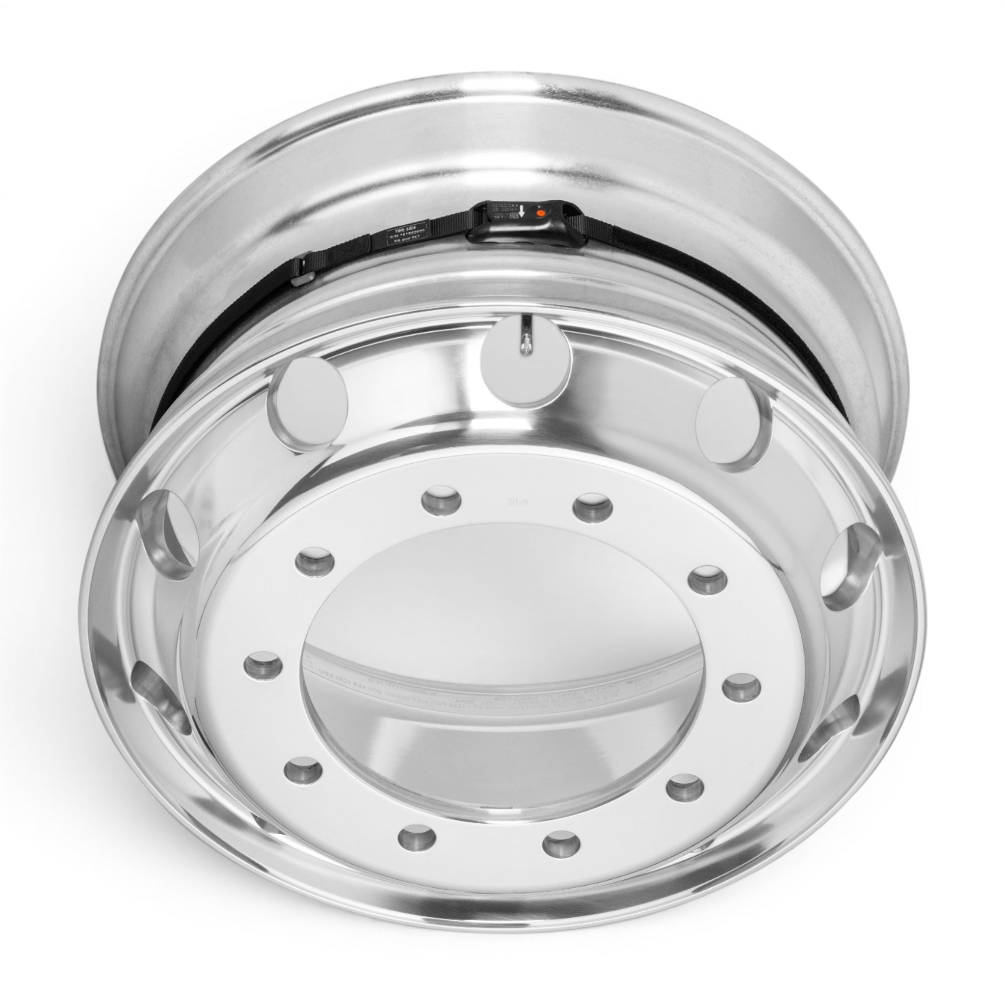 RiteSensor HD® ağır vasıta TPMS lastik basınç sensörü; kamyon, çekici, otobüs ve dorse uyumlu. Janta sarılı görünüm.