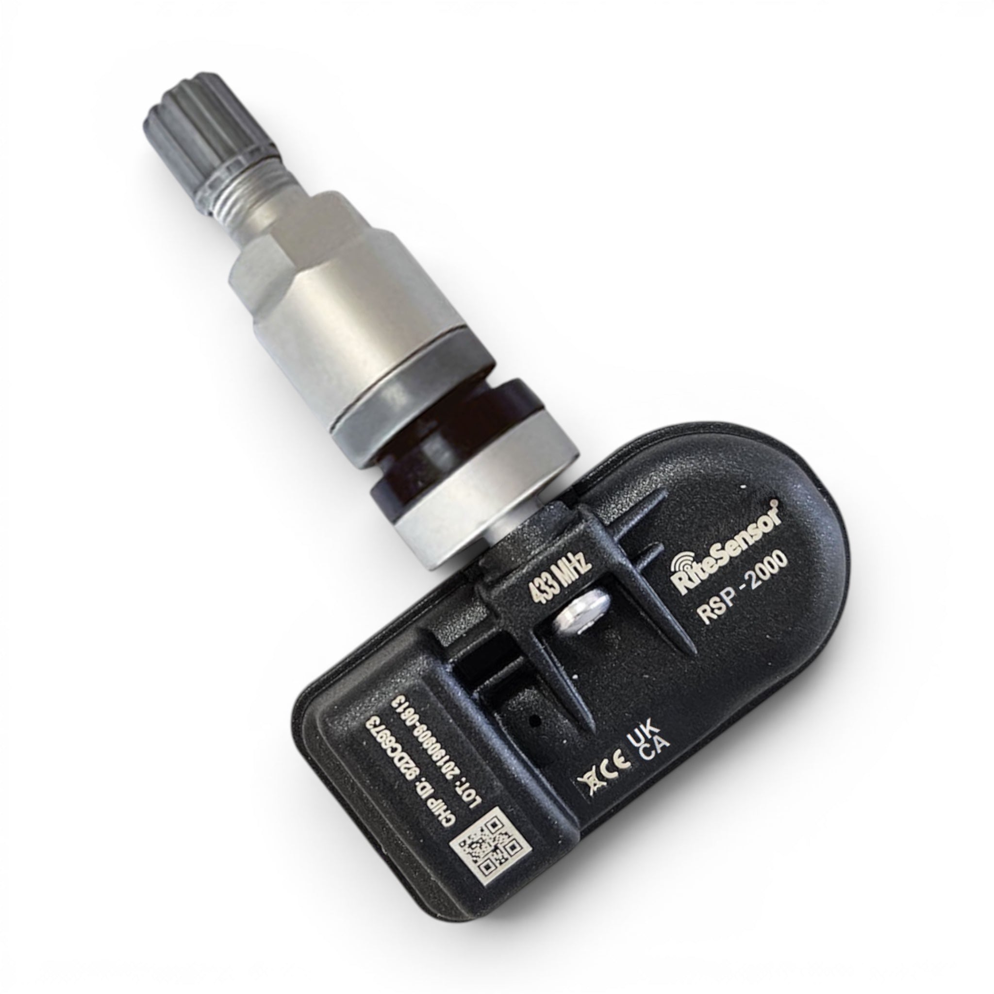 RiteSensor® ve RiteSensor PREMIUM® universal TPMS lastik basınç sensörü. Gümüş gri metal siboplu.